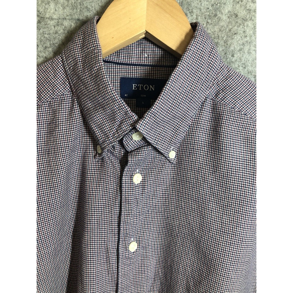 Eton Shirt Mens 16.5 Large Blue Houndstooth Flannel Casual Career Classic